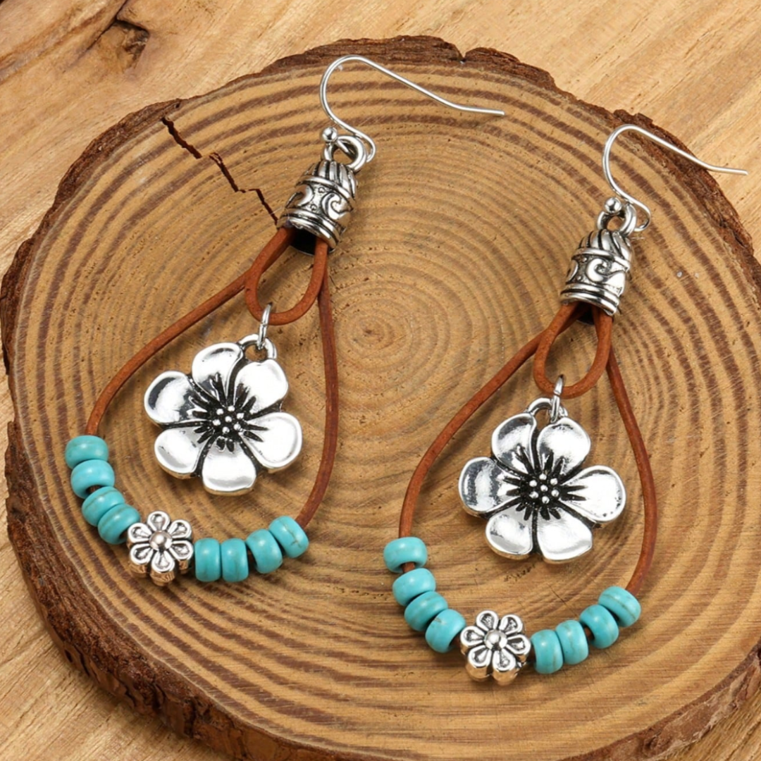 Boucles d'oreilles Boho en Argent avec Fleur en Turquoise
