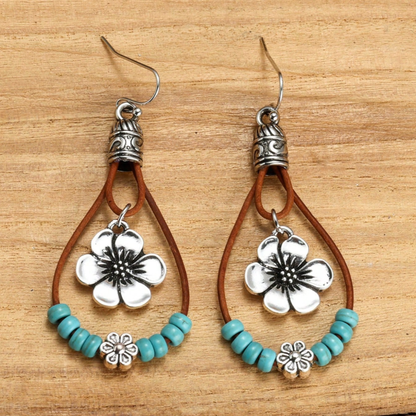 Boucles d'oreilles Boho en Argent avec Fleur en Turquoise