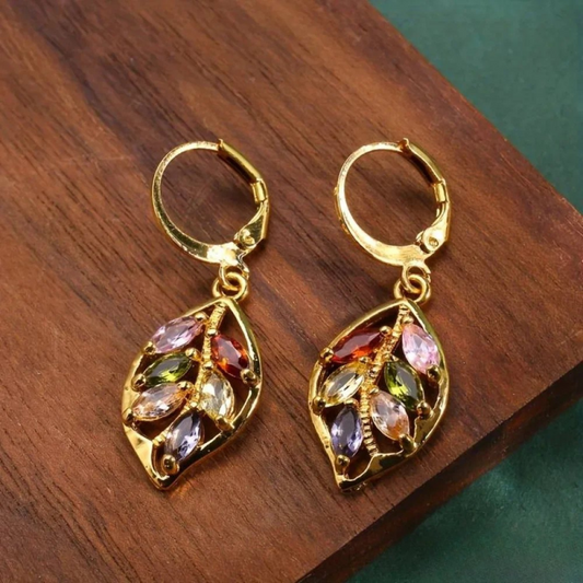 Boucles d'oreilles vintage en feuilles dorées multicolores