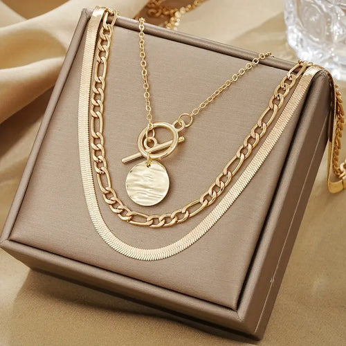 Collier Multi-couches Pièce de Monnaie Texturé Savira | Or
