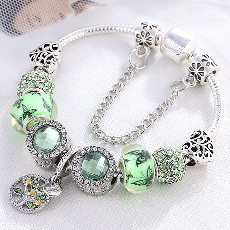 Élégant Bracelet en Argent Orné de Cristaux Verts