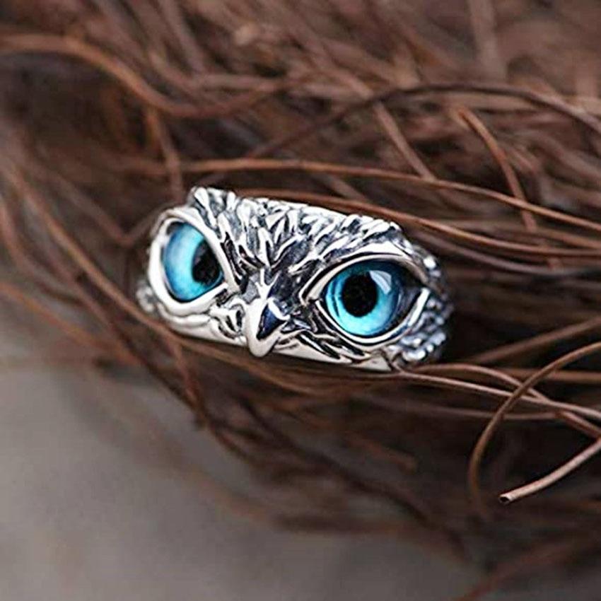 Bague Chouette Porte-Bonheur Ajustable en Argent et Opale
