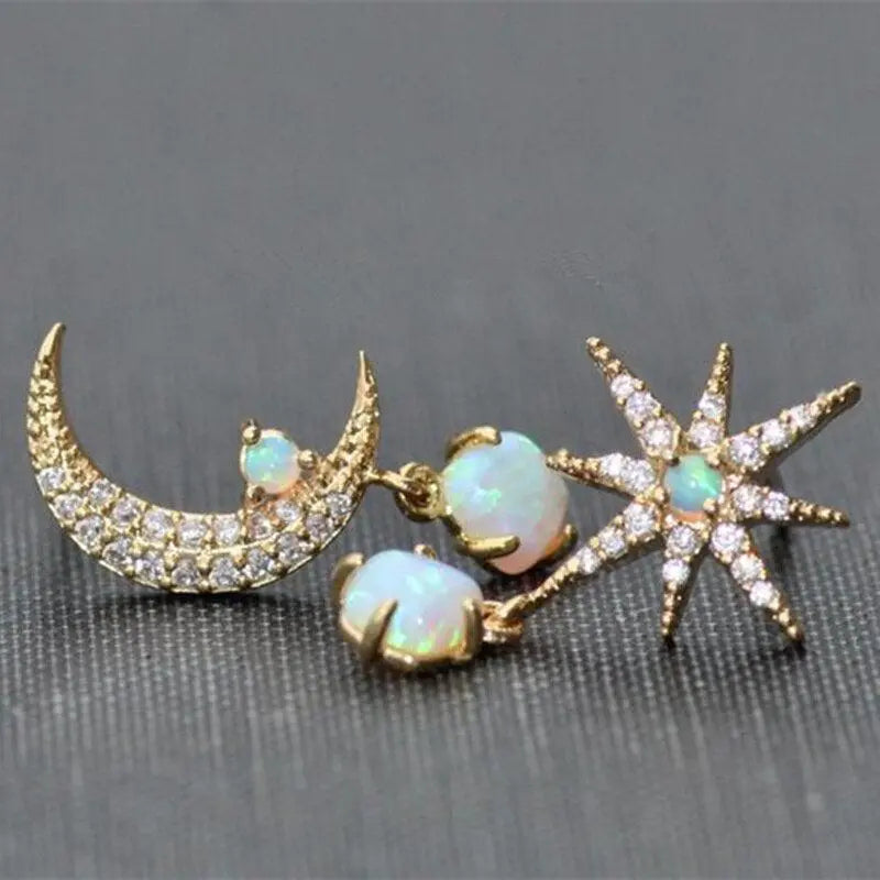 Boucles d'oreilles en or et opale, Lune et Étoile