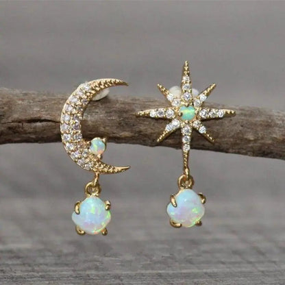 Boucles d'oreilles en or et opale, Lune et Étoile