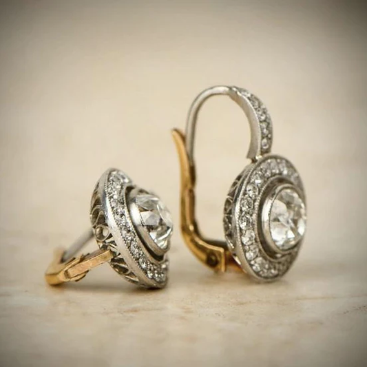 Boucles d’Oreilles Vintage Bicolores Or et Argent Ornées de Cristaux